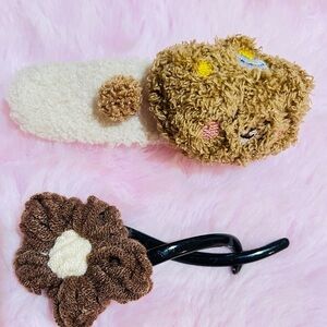 Brown and Cream Plush Hair Clips Set